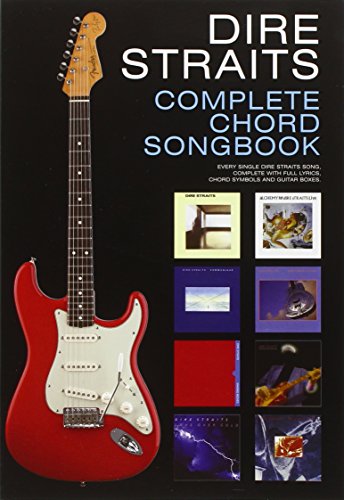 Red electric guitar beside "Dire Straits Complete Chord Songbook" cover.