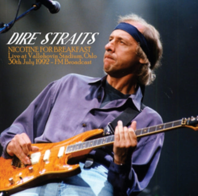 Mark Knopfler playing a sunburst guitar on stage, album cover.
