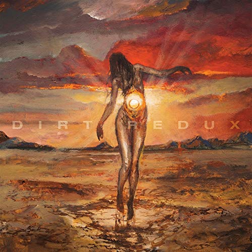 Painted album cover with a figure silhouetted against a fiery landscape.