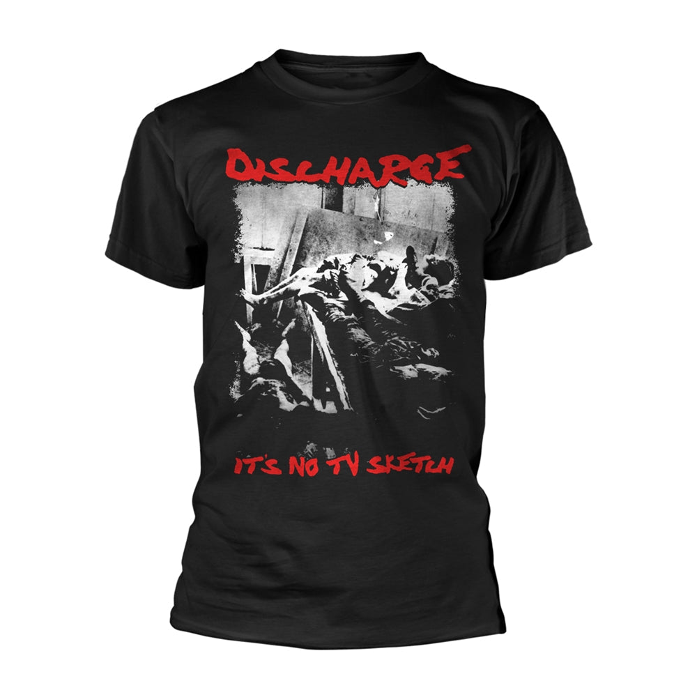 Black t-shirt with "DISCHARGE" and chaotic imagery printed on front.