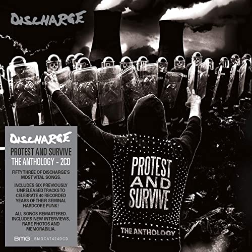 CD cover for Discharge's "Protest and Survive" anthology, featuring riot police imagery.