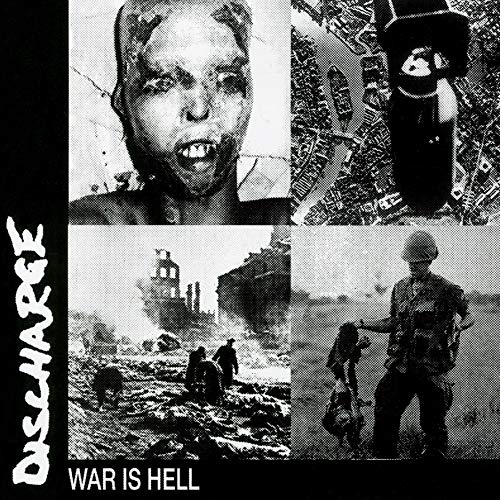 The image depicts a vinyl record cover with a black background and white text. For accessibility purposes, a concise alt text could be: "Black and white collage of war scenes on vinyl record cover."