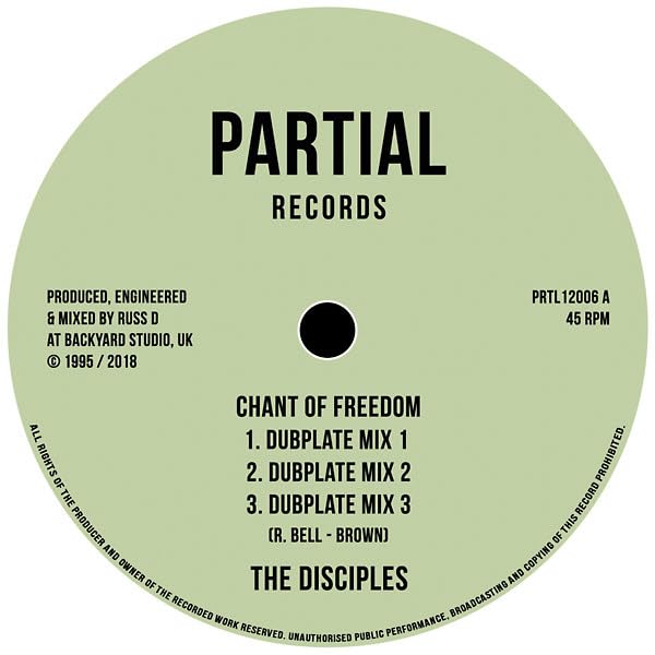 Pale green vinyl record label with black text: "The Disciples - Chant Of Freedom.
