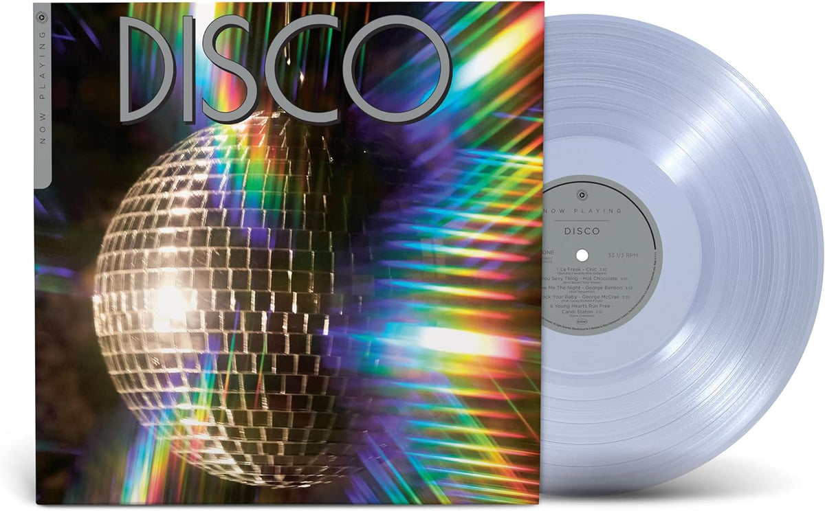 Disco vinyl record with a glittering disco ball background.
