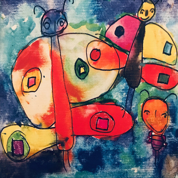 Colorful, childlike painting of four butterflies and a bee on blue.