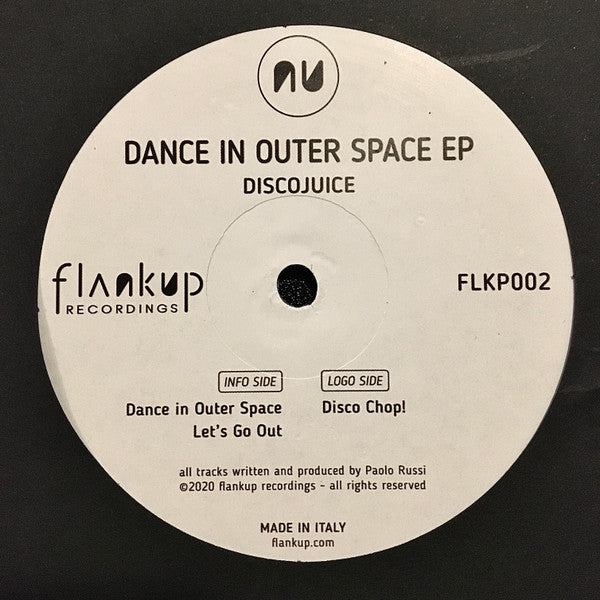 White vinyl record label with black text: "Discojuice - Dance In Outer Space EP".