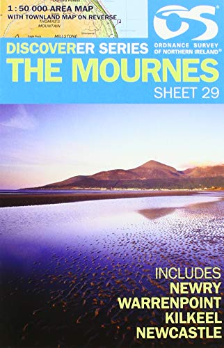 Map cover of The Mournes, Northern Ireland, with coastal landscape.