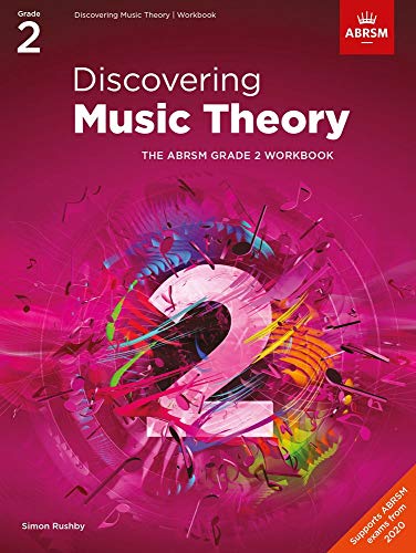 Discovering Music Theory Grade 2 workbook cover with abstract musical notes on magenta background.