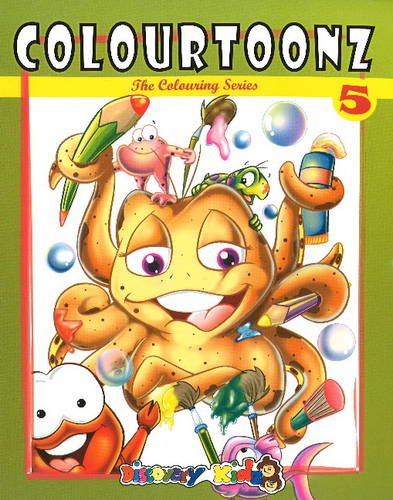 Colourtoonz 5 colouring book cover with cartoon animals and art supplies.