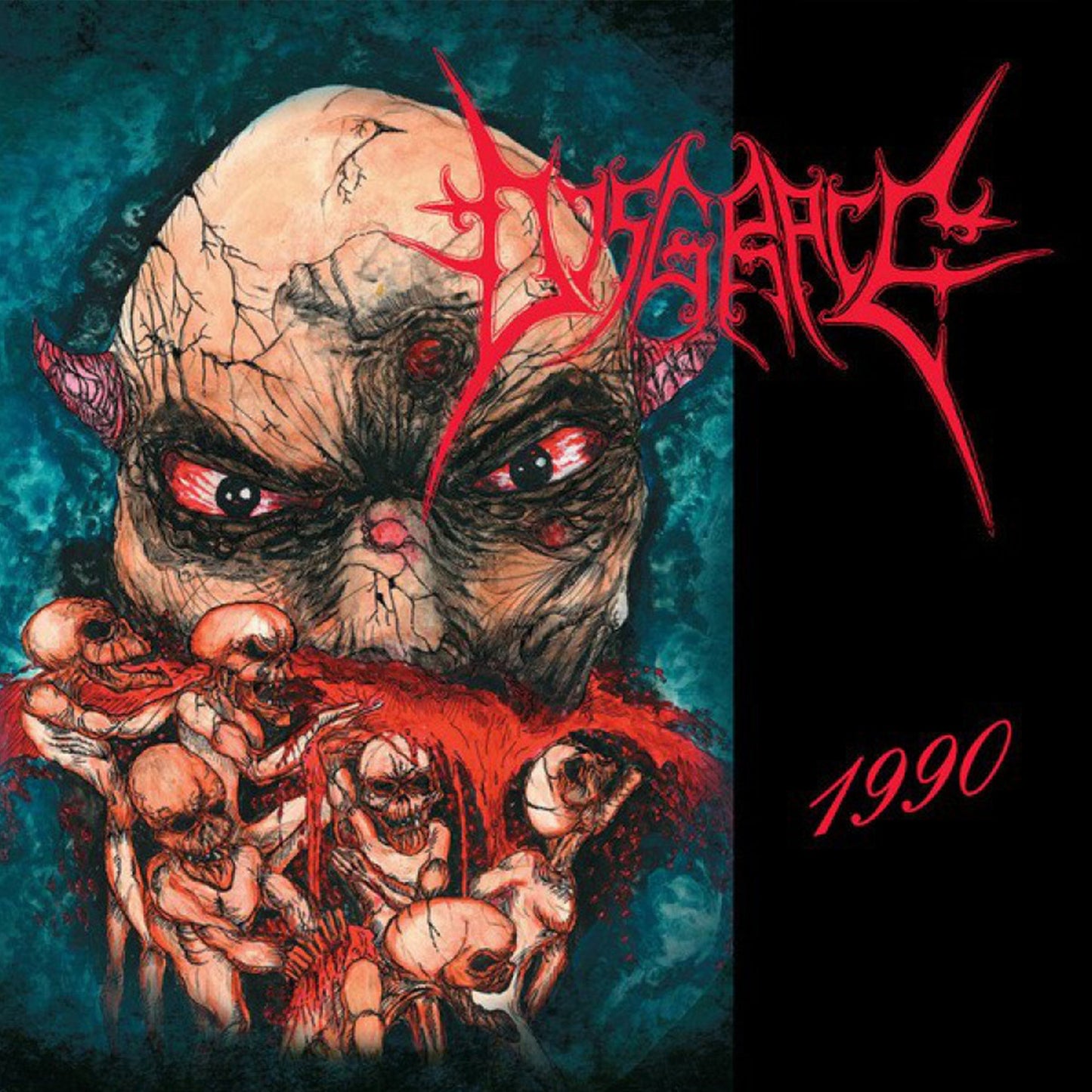 CD cover art: grotesque face with emerging figures, red text "Disgrace".