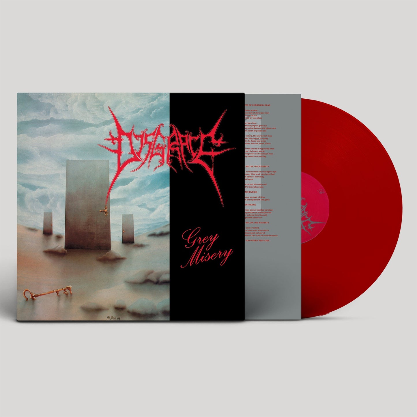 Disgrace" vinyl record with red disc, black sleeve, and surrealist cover art.