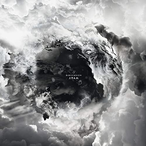 Dark, swirling clouds encompass a textured, spherical shape with album title.