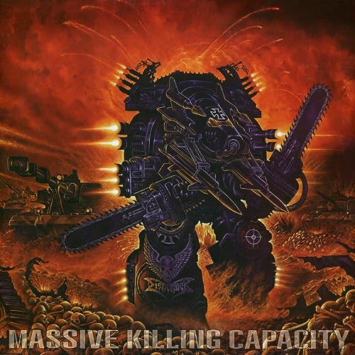CD cover: robotic warrior with chainsaws amid a fiery, skull-filled landscape.