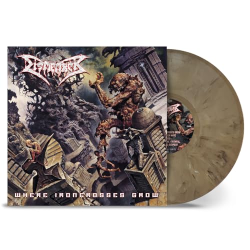 Dismember album cover art showing grotesque figures in a dark landscape with marbled vinyl.