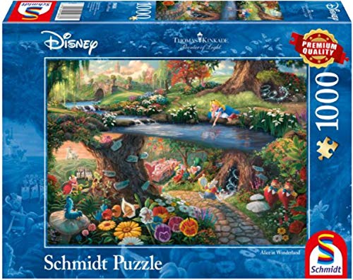 A 1000-piece Schmidt puzzle box featuring a Thomas Kinkade Alice in Wonderland painting.