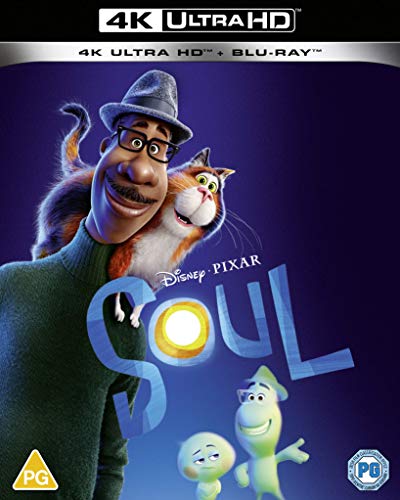 “Soul” movie cover featuring a man, cat, and two small green figures.