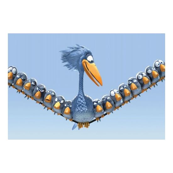 Blue birds in a line with a taller bird in the center.