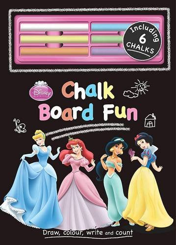 Disney Princess chalkboard book with six chalks, featuring Cinderella, Ariel, Jasmine, and Snow White.