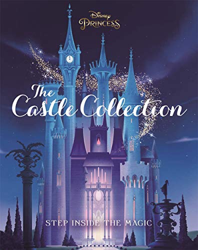 Blue fairytale castle with sparkling lights against a dark sky.