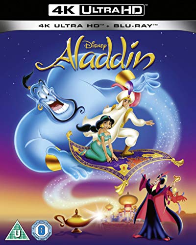 Disney’s Aladdin 4K UHD Blu-ray cover featuring Aladdin, Genie, and Jasmine.