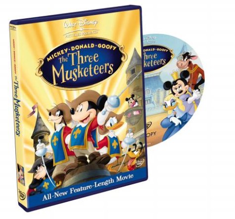 DVD cover for Disney’s “The Three Musketeers” featuring Mickey, Donald, and Goofy.