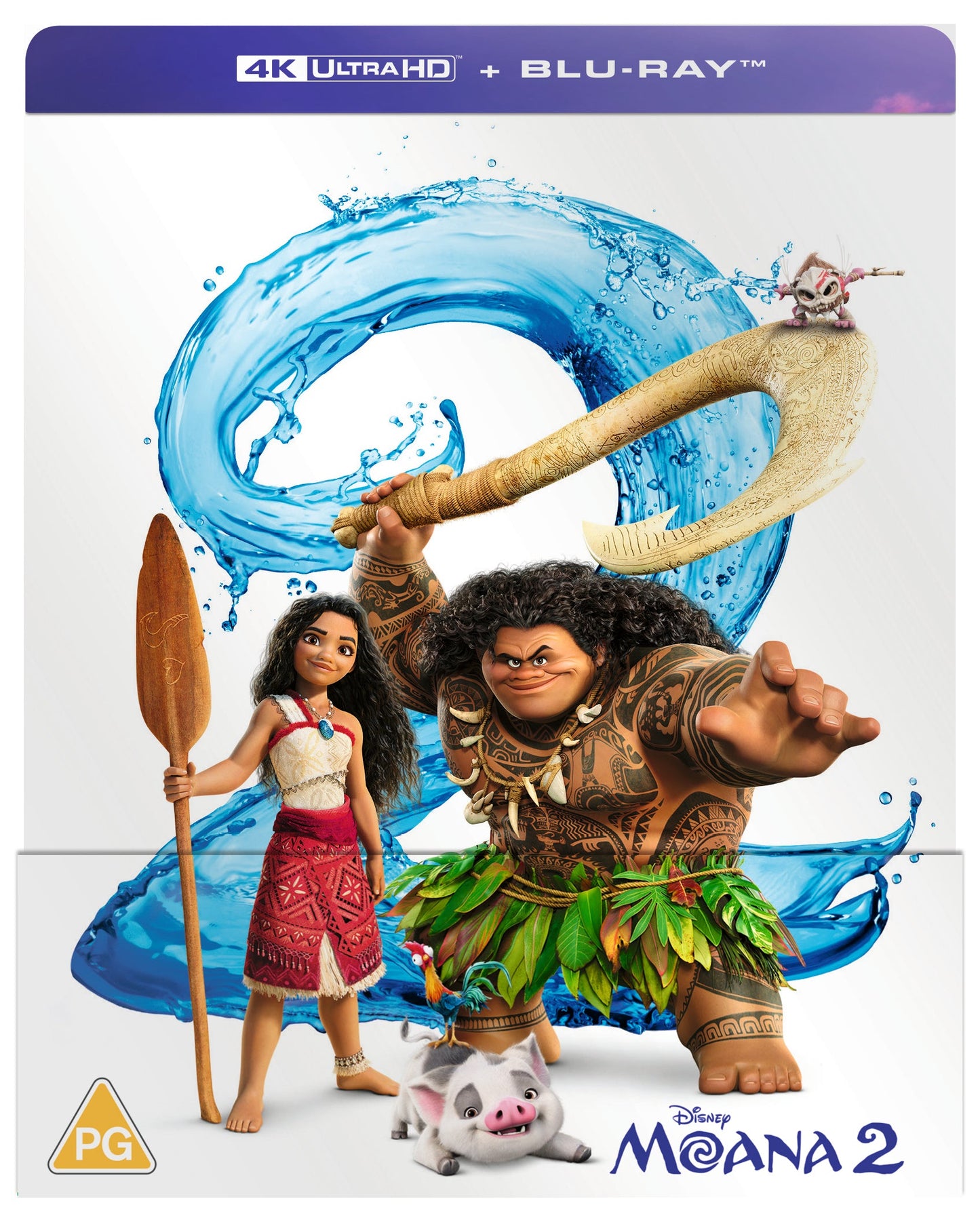 Moana 2 SteelBook featuring Moana, Maui, Pua, and Heihei against a swirling water background.