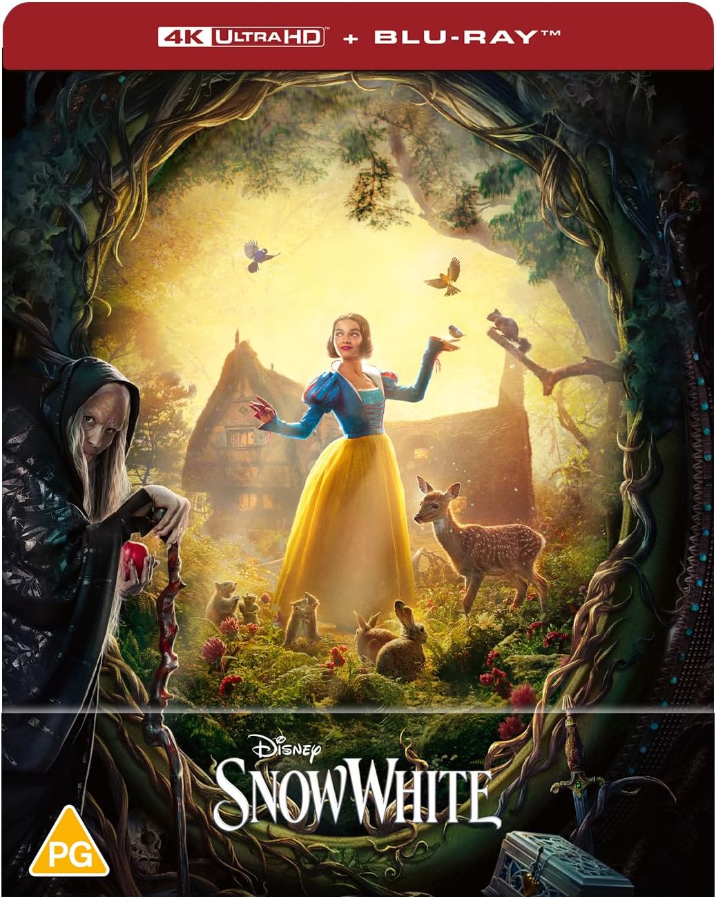 Snow White stands in a forest with animals, while the Evil Queen watches nearby.