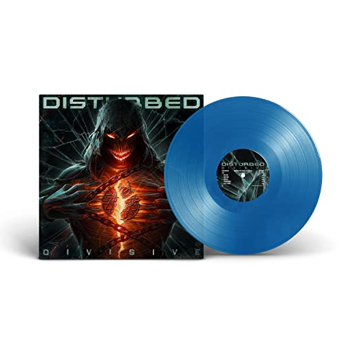 Disturbedās āDivisiveā vinyl record, featuring dark imagery and blue coloring.
