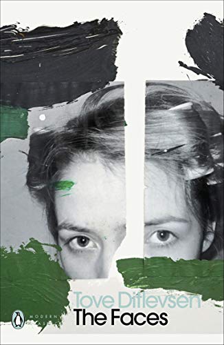 Book cover: split portrait of a woman with green brushstrokes, title "The Faces".