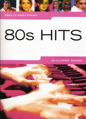 Sheet music cover for “80s Hits: Really Easy Piano” with celebrity faces.