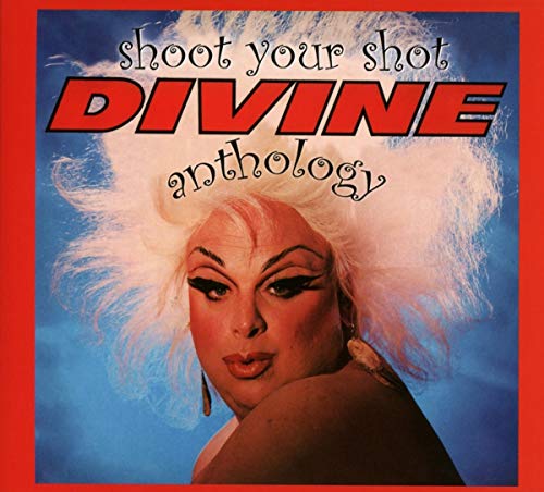 CD cover featuring Divine with large blonde hair against a blue background, red border.