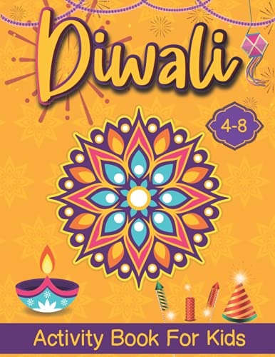 Diwali activity book cover with colorful mandala, diya, and fireworks.