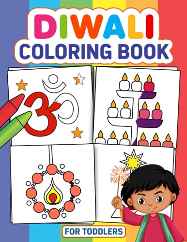 Diwali coloring book cover with simple drawings of lights and a child.