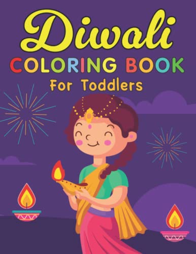 Diwali coloring book cover with a girl holding a lit diya lamp.