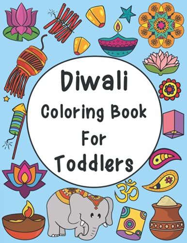 Diwali coloring book cover with festive illustrations: elephant, flowers, and sweets.