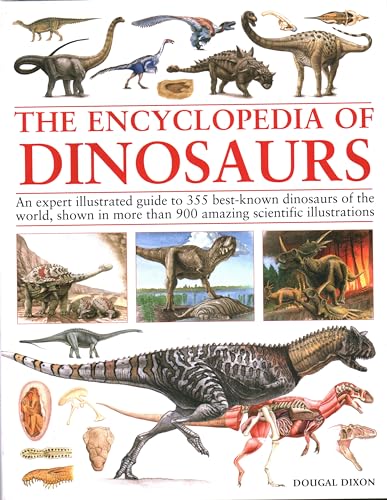 Book cover titled The Encyclopedia of Dinosaurs featuring various dinosaur illustrations and anatomical diagrams.