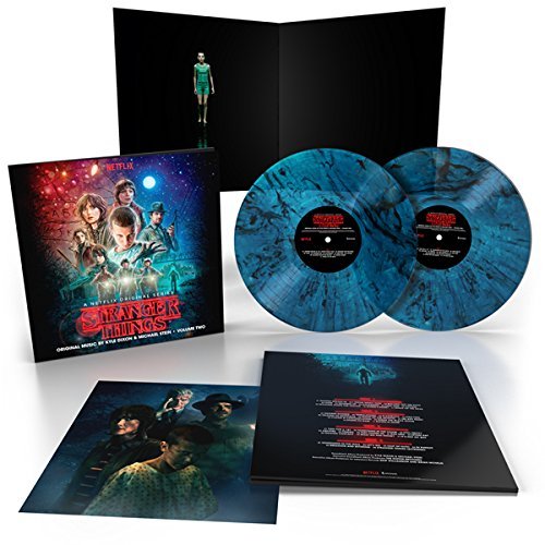 Blue vinyl soundtrack for Stranger Things 2 with character artwork.