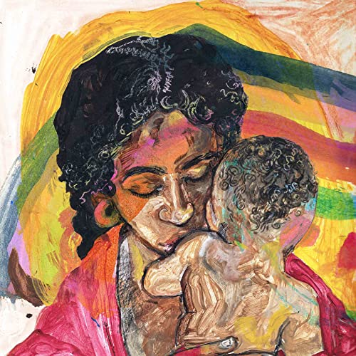 Painted portrait of a Black mother holding a baby, colorful halo background.