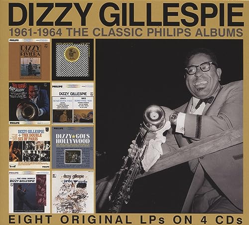 Dizzy Gillespie smiling while holding a trumpet, next to eight album cover thumbnails.