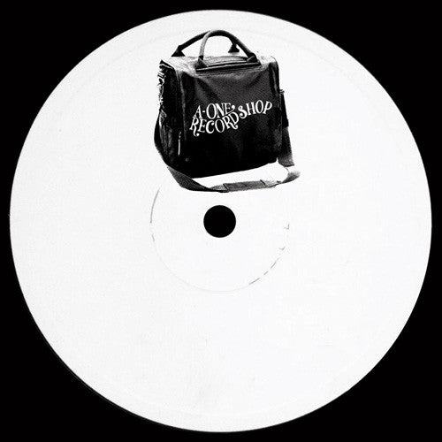 White vinyl record with black graphic of a record shop bag.