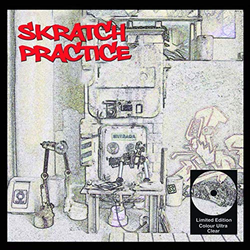 Vinyl record cover: sketched factory interior with DJ equipment and "Skratch Practice" text.