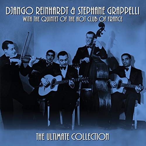 Black and white photo of a jazz quintet in suits, tinted blue, on CD cover.