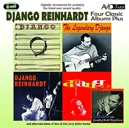 "CD cover featuring four album covers with Django Reinhardt and light green gradient background."