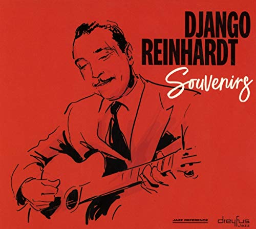 Red album cover featuring a sketched portrait of Django Reinhardt with a guitar.