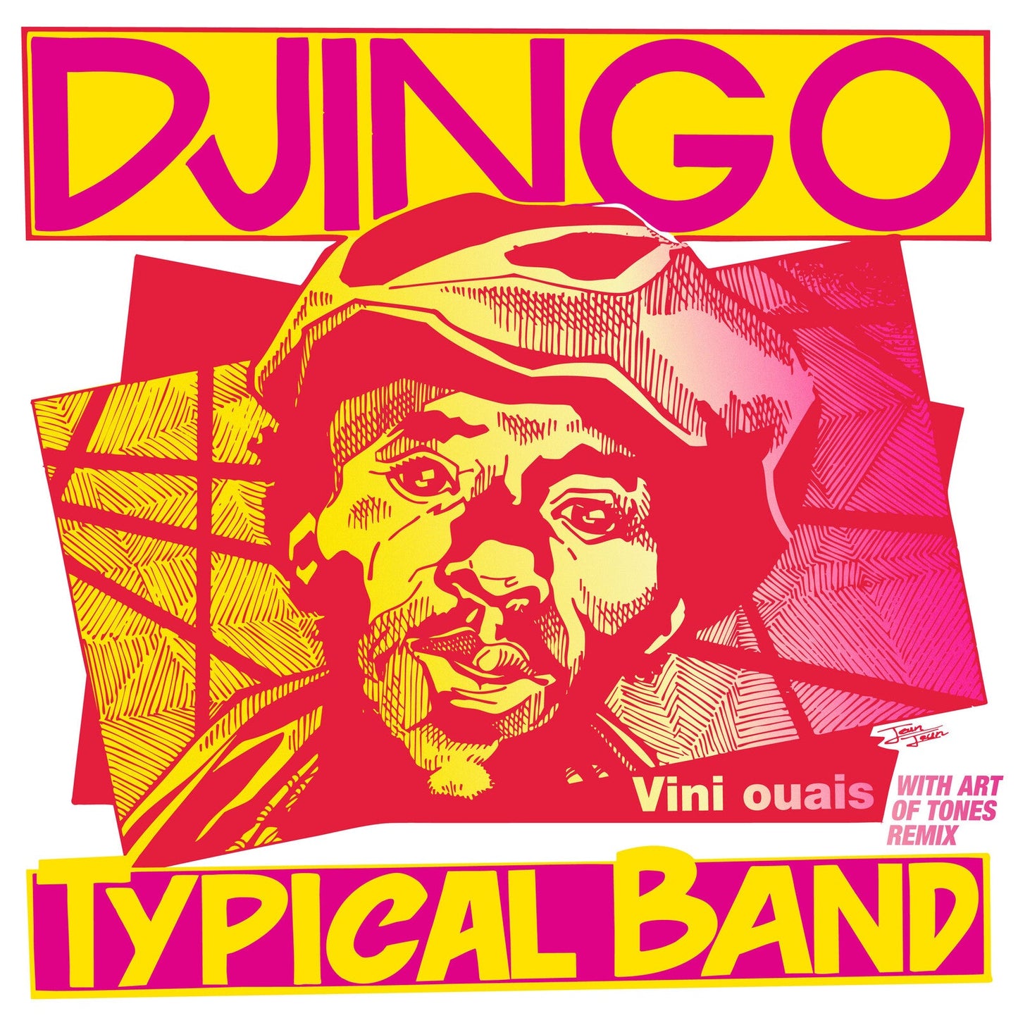 Record cover featuring a sketched portrait and bold pink and yellow text.