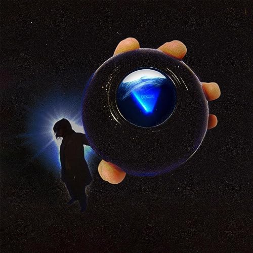 A hand holds a glowing magic 8-ball against a dark, starry background with a silhouette.