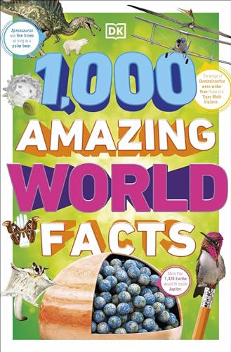 Book cover: "1,000 Amazing World Facts" with images of animals and planets.