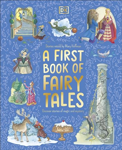 Book cover with illustrated fairy tale scenes and large yellow text.
