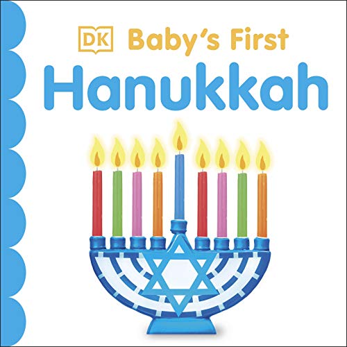 Book cover with a blue Hanukkah menorah and nine lit candles.