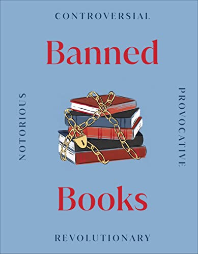 Book cover with stacked books chained and locked, titled "Banned Books".